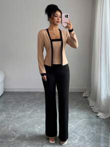 Elenzga Women's Elegant Commuter Contrast Trim Long Sleeve Top & Camisole & Pants Set - Multicolor - View 8