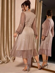 Cravure Plus Size Women Luxury Party Ruffle Collar Glitter Fabric Long Sleeve Dress - Champagne - View 2