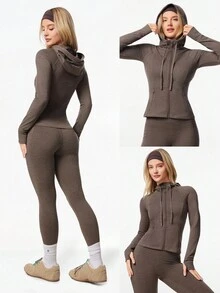 GLOWMODE 舒适廓形柔软弹力耐用拉链侧袋修身拉链夹克连帽衫瑜伽普拉提工作室日常休闲装 - 棕色 - 查看 8