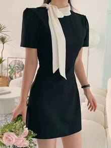 DAZY 女士立领蝴蝶结腰收腰短裙太阳裙、迷你裙、休闲女装 - 黑色 - 查看 1