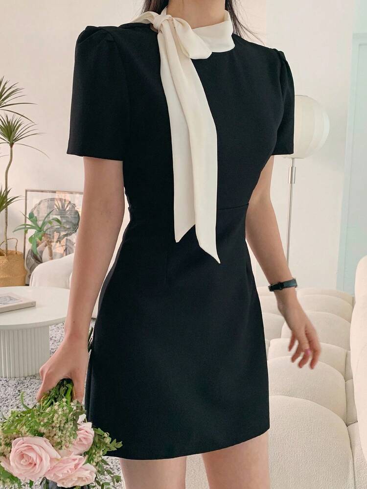 Women's Stand Collar Bowknot Waist Cinched Short Dress Sundress,Mini Dress,Casual Women Dresses