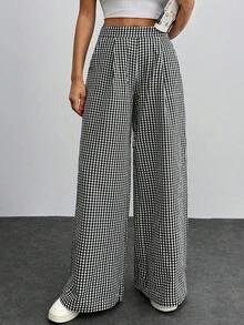 EURMUSE Pantalon casual à jambes larges avec imprimé à carreaux taille mi-haute pour femmes