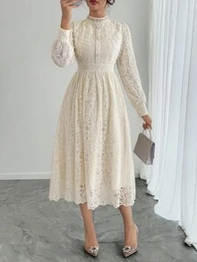 DAZY Sukienka z długim rękawem w stylu francuskim z koronką, nowa, ekskluzywna sukienka midi z marszczeniami w talii na jesień/zimę