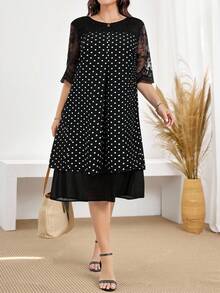 Miaspire Plus Size Round Neck Polka Dot Lace Splice Summer Elegant Dress
