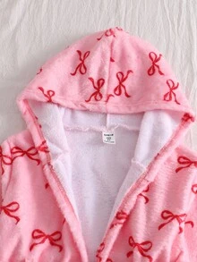 3pcs Girls Butterfly Pattern Long Sleeve Top, Pants And Hooded Robe Pajama Set Bow Pjs Bow Pajama Set Fall Winter - Pink - View 5