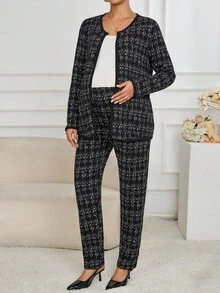 SHEIN 2pcs Maternity Plaid Long Sleeve Cardigan And Pants Casual Outfit, Autumn