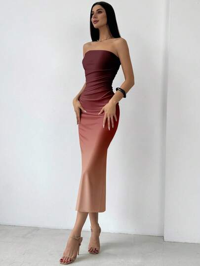 Aloruh Vestido ajustado de media longitud sin tirantes con degradado burdeos, elegante para citas, fiestas, bodas, bailes de graduación y eventos de club para mujeres en otoño/invierno