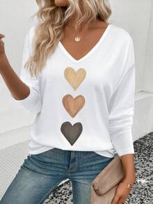 EMERY ROSE Women's V-Neck Cuffed Sleeve, Popular Ombre Heart Print Casual Versatile Long Sleeve T-Shirt