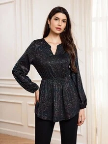 Miaspire Miaspire Women's V-Neck Cinched Waist Blouse, Elegant Party Occasion Sequin Fabric Shirt For Women In Autumn Shirt,Party Shirt,Prom Shirt,Chic Women's Shirt Elegant Peplum Blouse, Fall Clothes For Women,Lack Tops