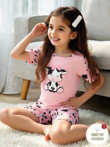 Young Girls 2pcs Tight Fit Pajama Set With Cute Cow Print On Short Sleeve Top And Shorts