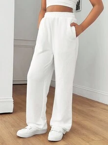 Tween Girl 纯色浅灰色休闲运动针织宽松直筒运动裤，适合日常休闲穿着白色运动裤宽松运动裤女童阔腿运动裤女童运动裤宽松运动裤 - 白色 - 查看 4