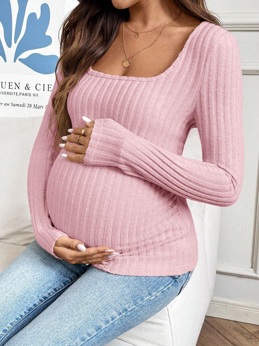 SHEIN Maternity Solid Color Minimalist Daily Long Sleeve Knit T-Shirt Ribbed Top Tops Shirts For Women Pink Fall - Baby Pink - View 1