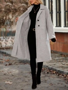 SHEIN LUNE 女士纯色长袖单排扣双口袋休闲长款大衣秋冬女装 - 灰色 - 查看 7