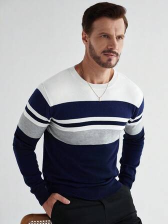 Manfinity CityGents 男士休闲条纹圆领长袖毛衣，适合秋季穿着