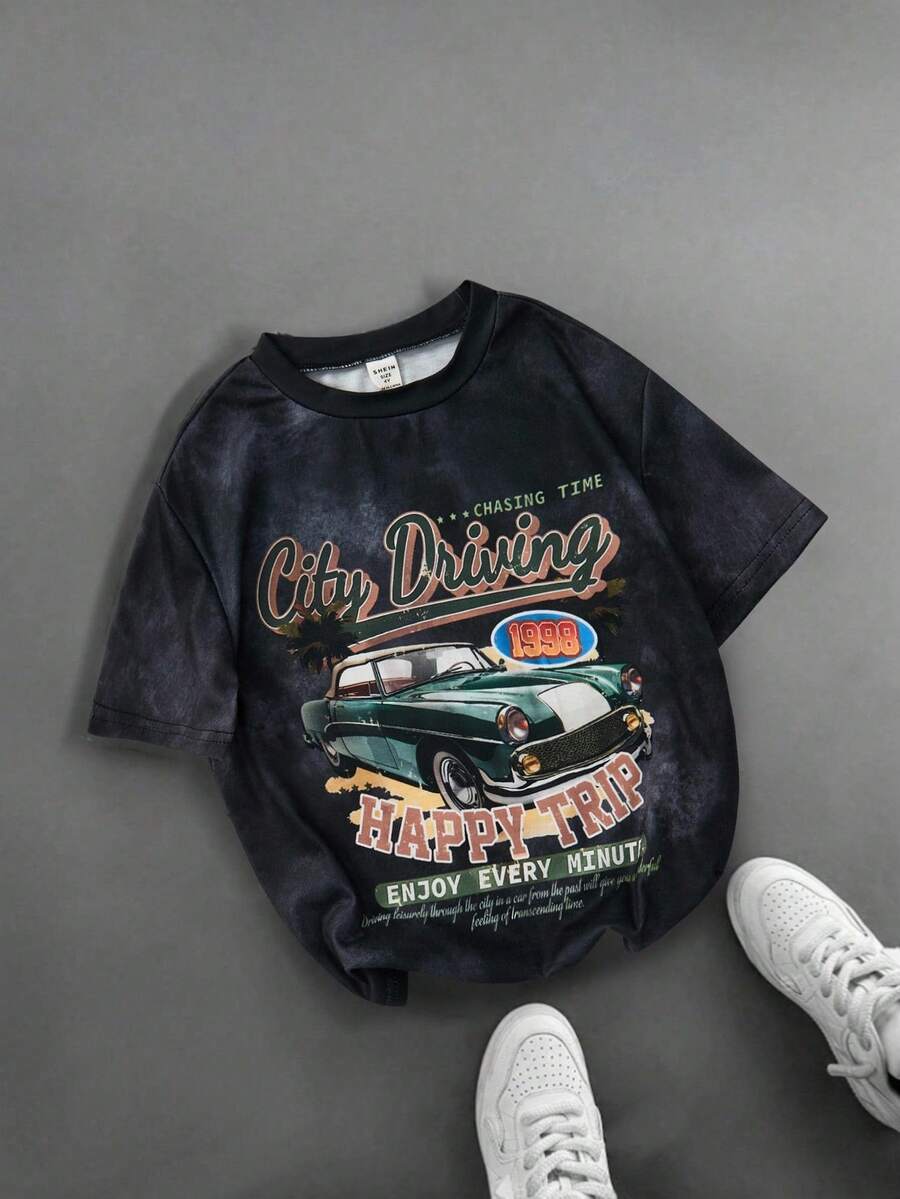 SHEIN 儿童年轻男童休闲百搭舒适赛车字母印花图案圆领套头衫宽松短袖针织T恤适合通勤上学、日常休闲度假旅行、适合运动、适合春夏季节