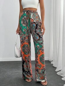 活力佩斯利印花波西米亚风裤子，松紧腰带，阔腿设计，轻盈飘逸的材质，全身东方图案，宽松版型，完美适合：沙滩装、节日装、夏季休闲装 - 彩色 - 查看 4