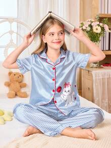 SHEIN 女童仿丝条纹小猫印花开衫睡衣套装 - 藍白色 - 查看 4