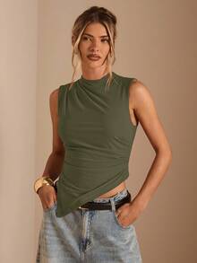 SHEIN BAE Camiseta sin mangas casual con cuello liso, plisada y dobladillo asimétrico para mujer - Verde militar - Ver 5