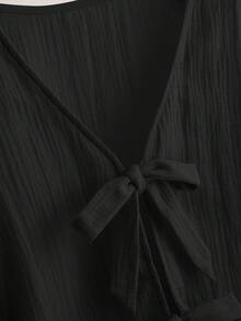 CosyJoli 大码休闲V领长袖系带衬衫，花卉蕾丝拼布纹理 - 黑色 - 查看 5