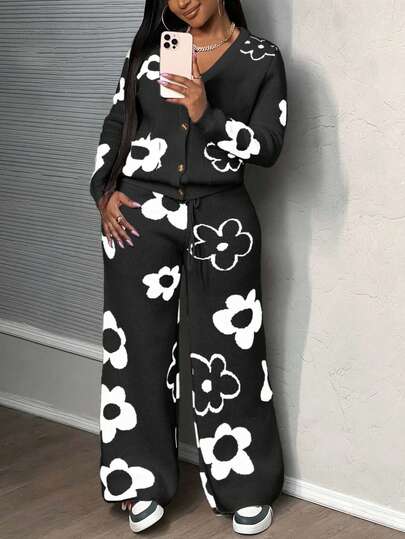 EURMUSE Women Floral Pattern Long Sleeve Knitted Cardigan And Knitted Pants Casual Suit, Autumn/Winter