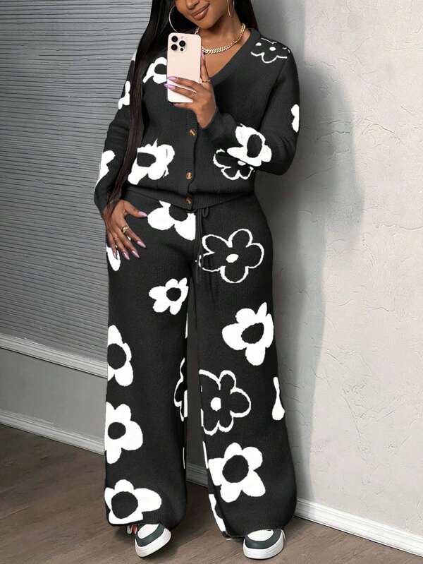 Damski, dzianinowy kardigan z długim rękawem i spodniami w kwiatowy wzór, casualowy garnitur, jesień/zima