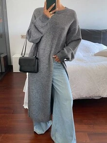 DAZY Women's Casual Solid Color Split Hem Sweater Dress, Autumn