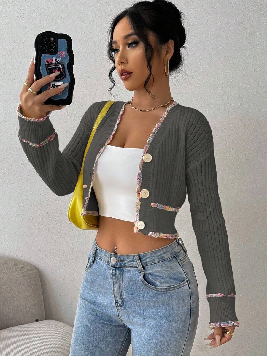 EMERY ROSE 女士秋季落肩长袖单排扣短款休闲薄款针织开衫 - 墨綠色 - 查看 1