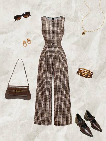 SHEIN MOD 时尚通勤复古船领格子阔腿连体裤