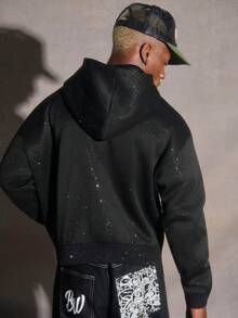 PAVTROS Manfinity Streetrush Men's Cropped Black Zip-Up Sweatshirt, Thermal Lined, Sequin Textured Fabric, Streetwear For Autumn And Winter, Halloween, INS Streetwear, Style, Rapper, Boy Friend Gifts, Long Sleeve Top - Black - View 2