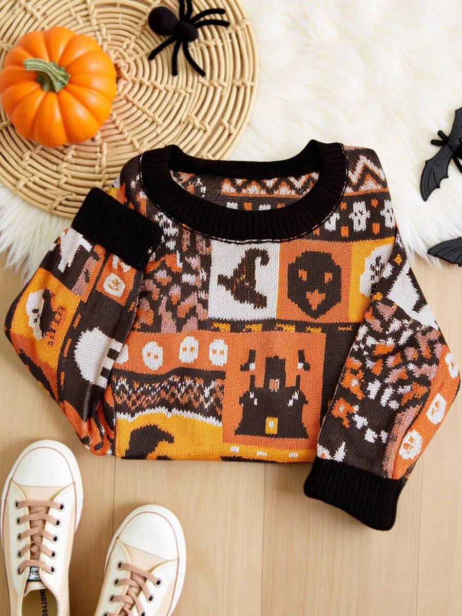 INAWLY Halloween Skeleton & Pumpkin Colorblock Print Sweater, Women's ...