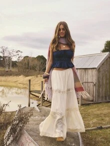 Aralina 秋冬西部波西米亚风蕾丝边饰长裙，适合乡村音乐会、万圣节和教师节等场合。 - 米色 - 查看 7