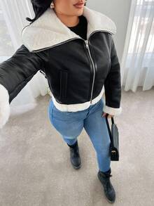 SHEIN SXY 女士复古摩托车皮夹克，短款，仿保暖内衬，加厚保暖毛领，搭配长靴，时尚百搭，适合女性，短款皮夹克，冬季女装，90年代风格，女士冬季 - 黑色 - 查看 5