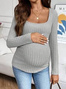 SHEIN Maternity Solid Color Minimalist Long Sleeve T-Shirt, Everyday Wear Fall - Light Grey - View 6