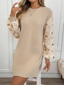 SHEIN LUNE Vestido corto casual de mujer con mangas largas y adornos de lentejuelas, vestido de mujer con mangas farol, vestido bordado, vestido de manga abullonada, vestido de lentejuelas, atuendos de fiesta para mujer, vestidos beige de mujer, vestidos de otoño para mujer, casual - Albaricoque - Ver 6