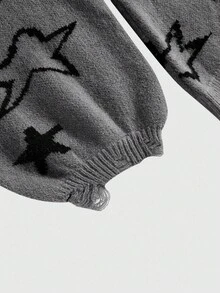 ROMWE Grunge Punk Áo len chui đầu họa tiết ngôi sao hở vai phong cách Punk cổ điển Y2K cỡ lớn dành cho nữ - Xám - Xem 3