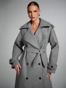 SHEIN BAE Large Lapel Patterned Double-Breasted Long Overcoat, Long Coat Women, Trench Coat Women, Overcoat Women,Coarse Twill Overcoat,Elegant Casual Coat In Fall/Winter,Gray Overcoat, Outerwear Women, Long Coats For Women