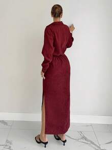 Siren Gaze Women's Solid Color Drop Shoulder Long Sleeve Shirt And Side Slit Hem A-Line Skirt Casual 2 Pieces Set Christmas Winter New Year Red - Red - View 2