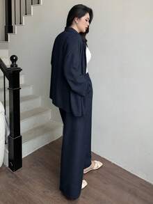 Dazy Plus Bộ đồ đôi phong cách phương Tây dành cho nữ, màu trơn, chất liệu giả denim và vải lanh, dáng rộng thoải mái, cỡ lớn, thích hợp cho kỳ nghỉ biển, mùa xuân/thu. - Màu xanh hải quân - Xem 2