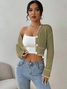 EMERY ROSE Women's Elegant Single-Breasted Drop Shoulder Long Sleeve Cropped Knit Cardigan, Autumn - Olive Green - View 6