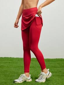 Cheerettes Pantalones de yoga de cintura alta de unicolor 2 en 1 con bolsillo para teléfono para mujer