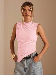 SHEIN BAE 女式休闲纯色不对称下摆褶饰吊带背心，春夏 - 珊瑚粉 - 查看 4