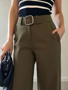 EURMUSE Women's Belted Straight Trouser With Slanted Pocket Design - Army Green - View 4