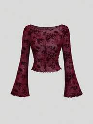 Sweetra Nouvelle blouse élégante et pour femmes, design de fleurs de feuilles à maille bordeaux sexy, manche trompette, printemps/automne