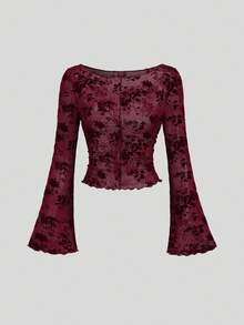 Sweetra Halloween Women's New Elegant & Fashionable Sexy Burgundy Mesh Leaf Flower Flocked Design Trumpet Sleeve Blouse, Spring/Autumn Fall Cloth For Women - Burgundy - View 1