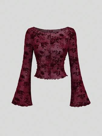 Sweetra Halloween Women's New Elegant & Fashionable Sexy Burgundy Mesh Leaf Flower Flocked Design Trumpet Sleeve Blouse, Spring/Autumn Fall Cloth For Women