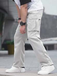 Manfinity Homme 男士纯色工装口袋直筒休闲裤，秋季 - 銀色 - 查看 4