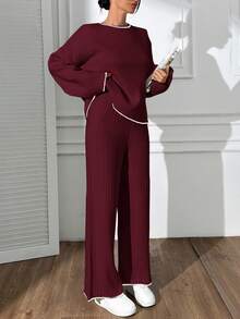 EURMUSE Women Hand Stitch Detailed Round Neck Sweater And Sweater Pant 2 Pieces Outfit Set Co-Ords - Burgundy - View 6