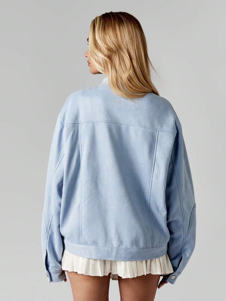 MISSGUIDED Women Winter Oversized Zip Up Jacket Baby Blue Suede Bomber Style Casual Street Fashion Crop Top Layer With Pockets Y2K Aesthetic