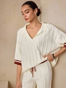 Modelyn 女式 Polo 领短袖针织毛衣和阔腿裤两件套，休闲宽松，时尚百搭针织装 - 杏色 - 查看 5