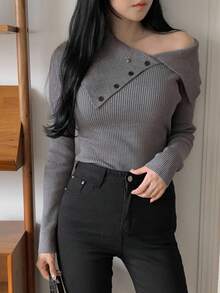 DAZY 女士优雅设计修身毛衣，秋冬 - 灰色 - 查看 3